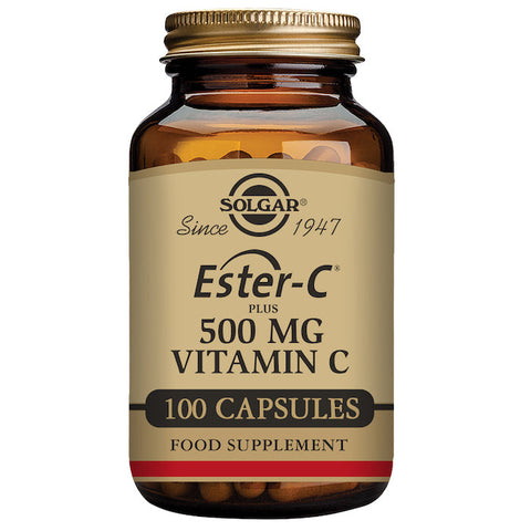 Solgar Ester-C Plus 500mg vitamin C capsules in a bottle, featuring 100 capsules for immune support and daily wellness.