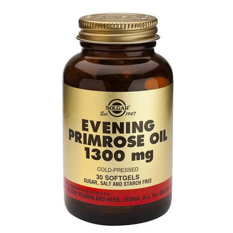 Solgar Evening Primrose Oil 1300mg softgels in a bottle, natural supplement for skin and hormonal health.