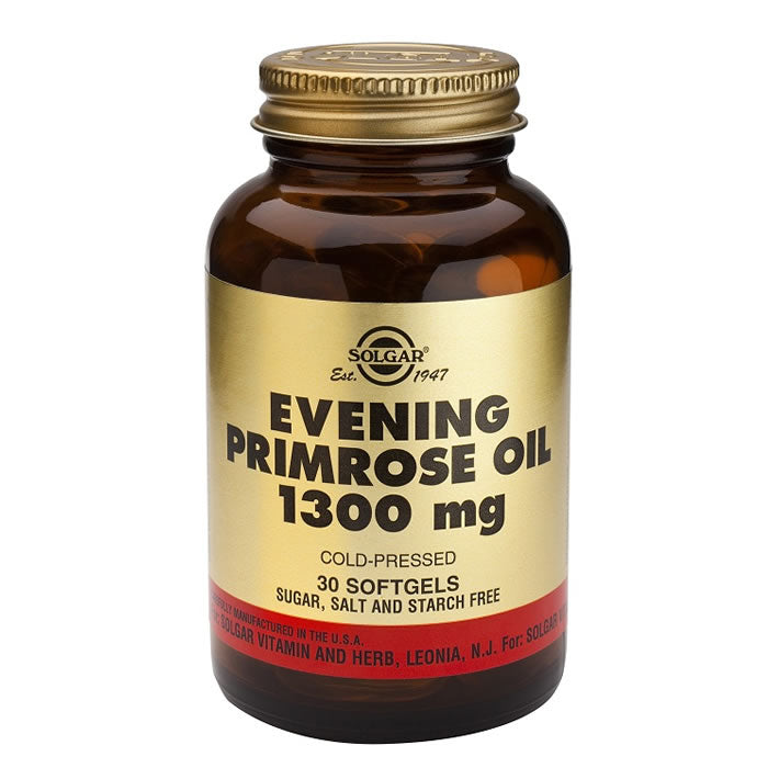 Solgar Evening Primrose Oil 1300mg softgels, dietary supplement for skin and hormonal health, by Jag Couture London New York.