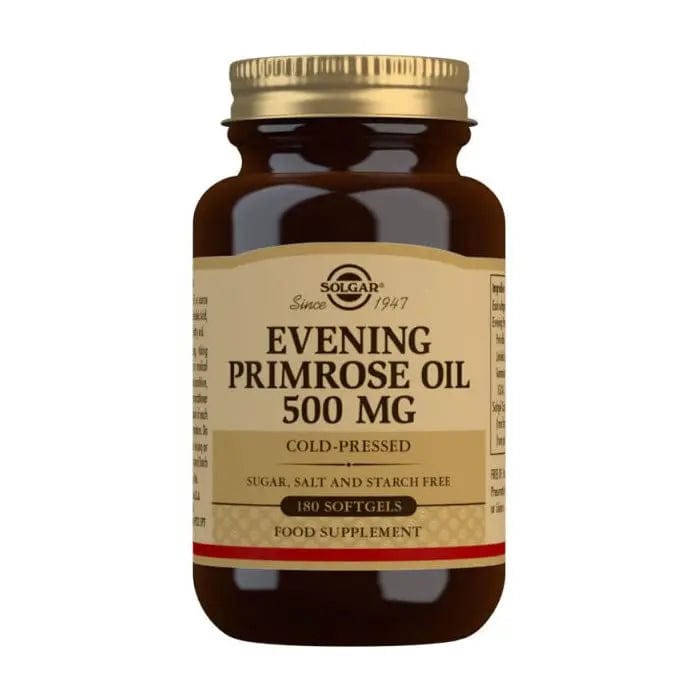 Solgar Evening Primrose Oil 500mg softgels in a bottle, supplement for skin and hormonal balance, from Jag Couture London - New York