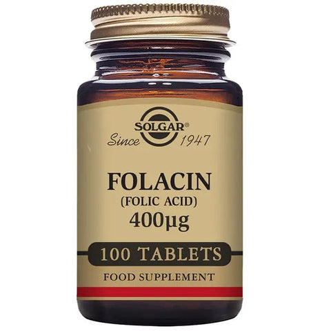 Solgar Folacin 400mg supplement in a bottle of 100 tablets, shown beside packaging, from Jag Couture London New York.