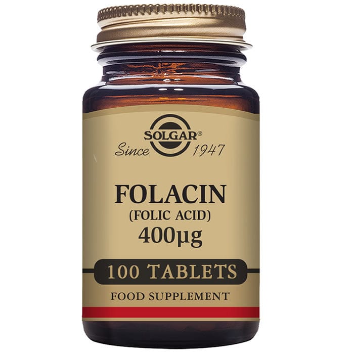 Solgar Folacin 400mg supplement in a bottle with 100 tablets, produced by Jag Couture London New York.
