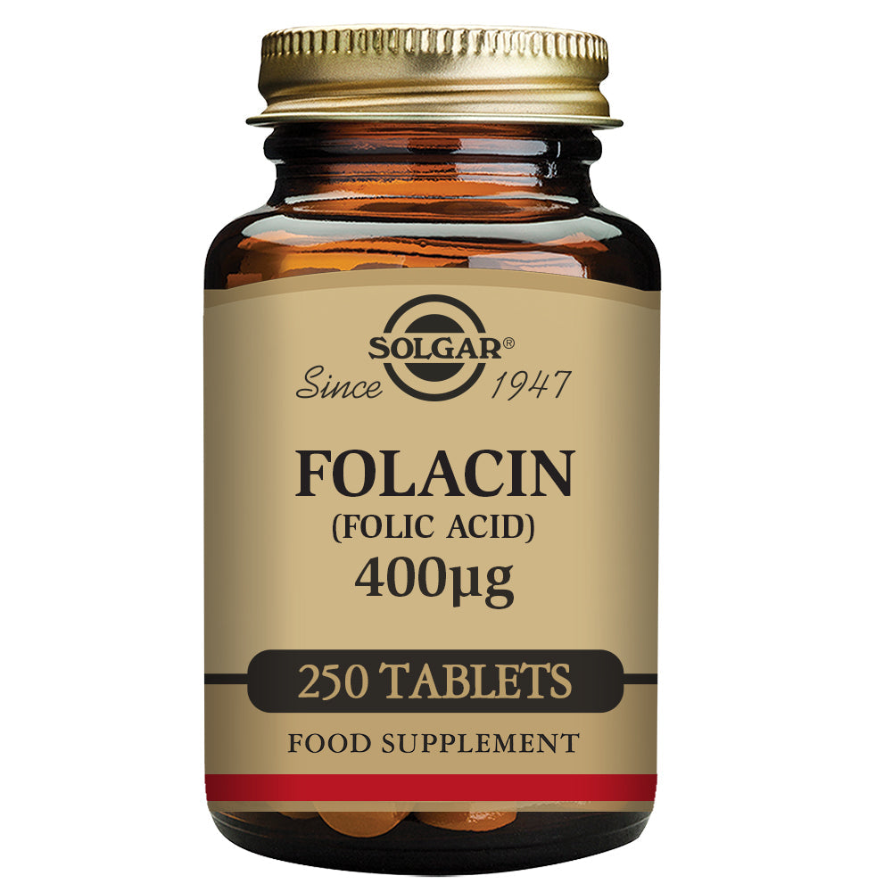 Solgar Folacin 400mg supplement in 250 tablets, displayed in a clear bottle on a white background.