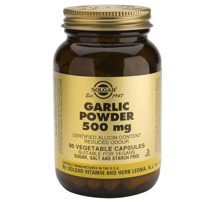 Solgar Garlic Controlled Organic Farming 90 capsules, dietary supplement with organic garlic extract in a jar.