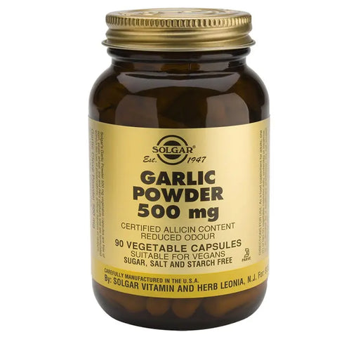 Solgar Garlic Controlled Organic Farming 90 capsules, dietary supplement with organic garlic extract in a jar.