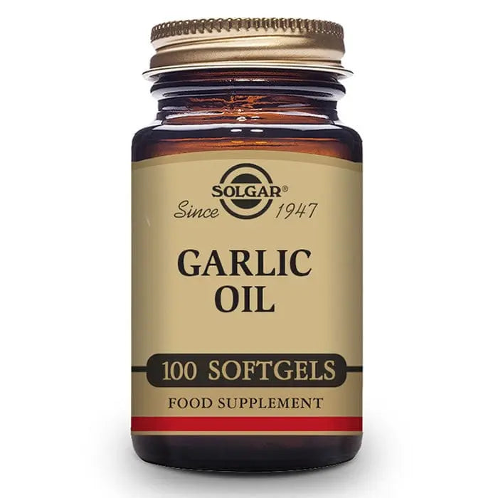 Solgar Garlic Oil 100 softgels in a bottle, dietary supplement for immune health, by Jag Couture London - New York.