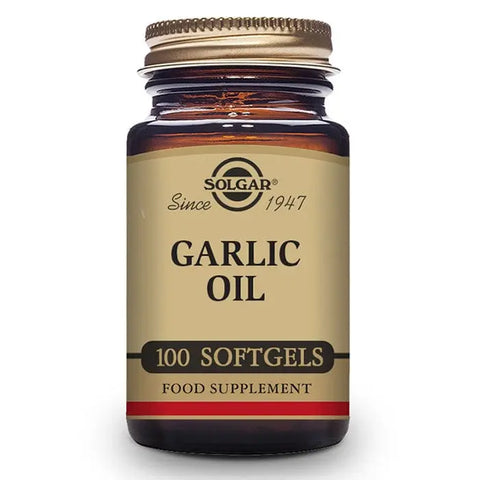 Solgar Garlic Oil softgels in a bottle, natural supplement for health support, branded by Jag Couture London New York.
