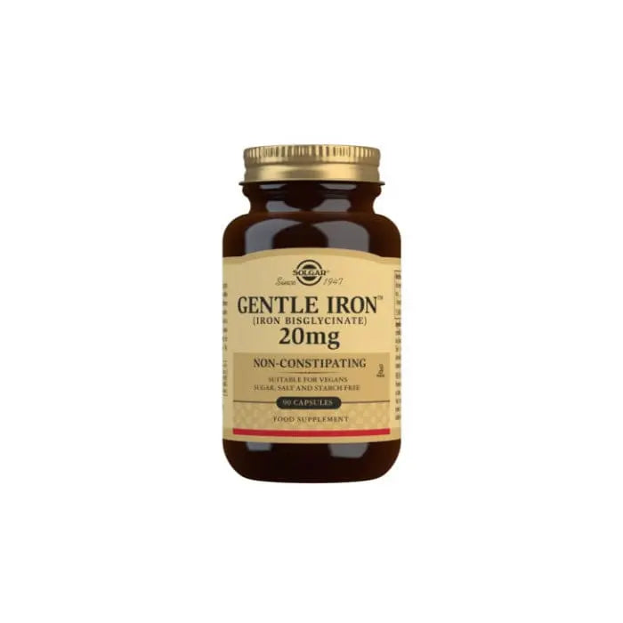 Solgar Gentle Iron (Iron Bisglycinate) 20 mg vegetable capsules, pack of 90, in a clear bottle with label showing product details.