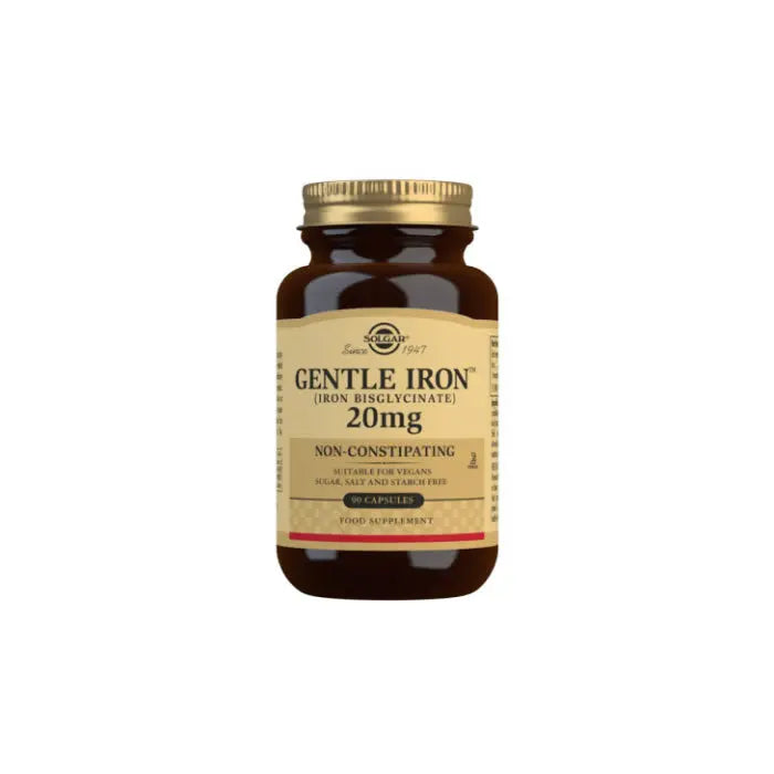 Solgar Gentle Iron Iron Bisglycinate 20 mg vegetable capsules, 90 count, supplement bottle with capsules visible.