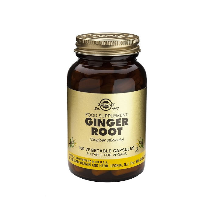 Solgar Ginger 100 capsules in a bottle, dietary supplement with fresh ginger extract, from Jag Couture London New York.