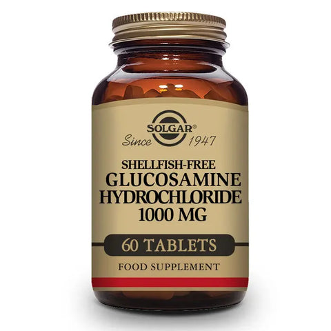 Solgar Glucosamine Hydrochloride 1000mg supplement in a bottle of 60 tablets, designed to support joint health.