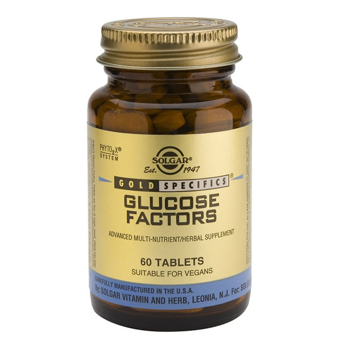 Solgar GS Glucose Factor supplement in a bottle of 60 tablets, featuring the product label with brand details and tablet imagery.