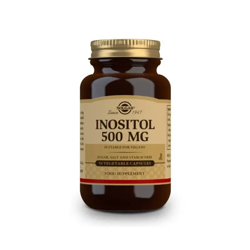 Solgar Inositol 500mg supplement in 50 vegetarian capsules, shown in a clear container with label details.