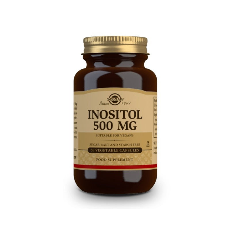 Solgar Inositol 500mg supplement in a bottle of 50 vegetarian capsules, with product label visible.