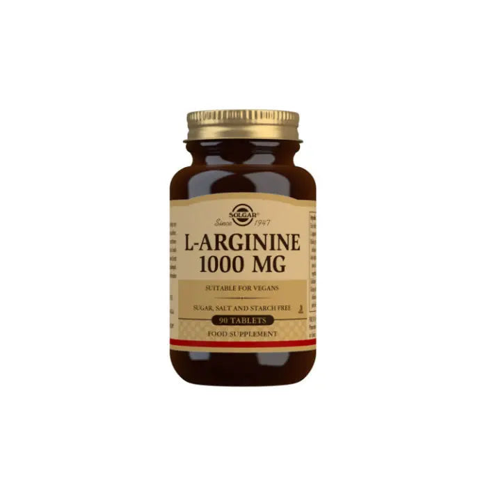 Solgar L-Arginine 1000 mg tablets in a pack of 90, dietary supplement by Jag Couture London New York, showing the tablet bottle.