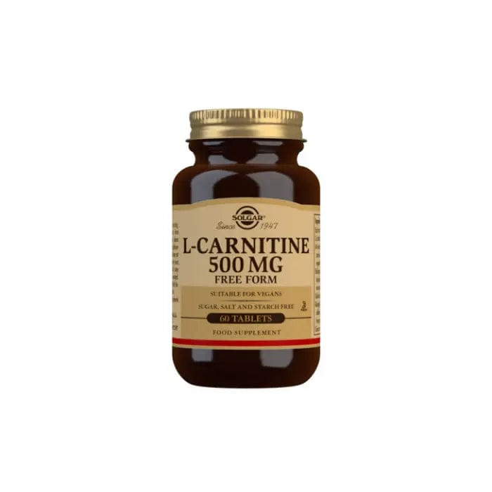 Solgar L-Carnitine 500 mg tablets in a pack of 60, dietary supplement from Jag Couture London New York, front view of product bottle.
