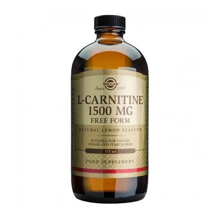 Solgar L-Carnitine Liquid 1500mg supplement in a 473ml bottle, featuring clear labeling and a dropper cap for easy use.
