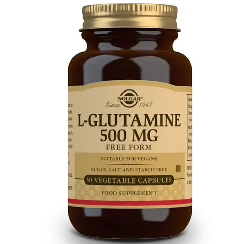 Solgar L-Glutamina 500mg capsules in a bottle, dietary supplement for muscle recovery and immune support.