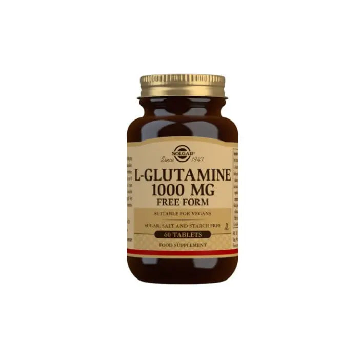 Bottle of Solgar L-Glutamine 1000 mg tablets in a pack of 60 by Jag Couture London - New York, with supplement tablets visible