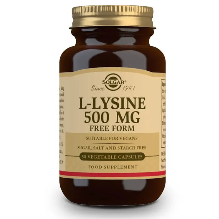 Solgar L-Lysine 500mg capsules in a bottle, displayed on a plain background, showcasing the supplement's packaging.