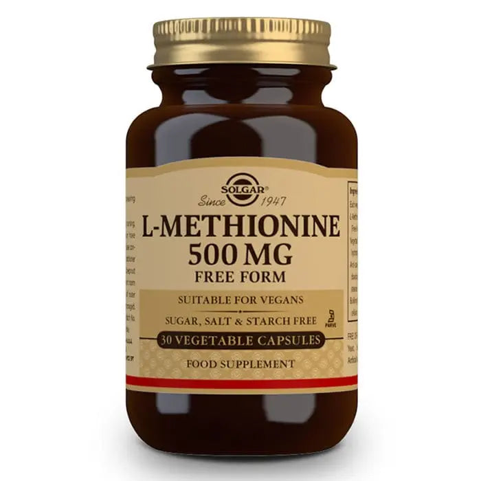 Solgar L-Metionina 500mg capsules in a bottle, natural supplement by Jag Couture London New York, displayed on a white background.