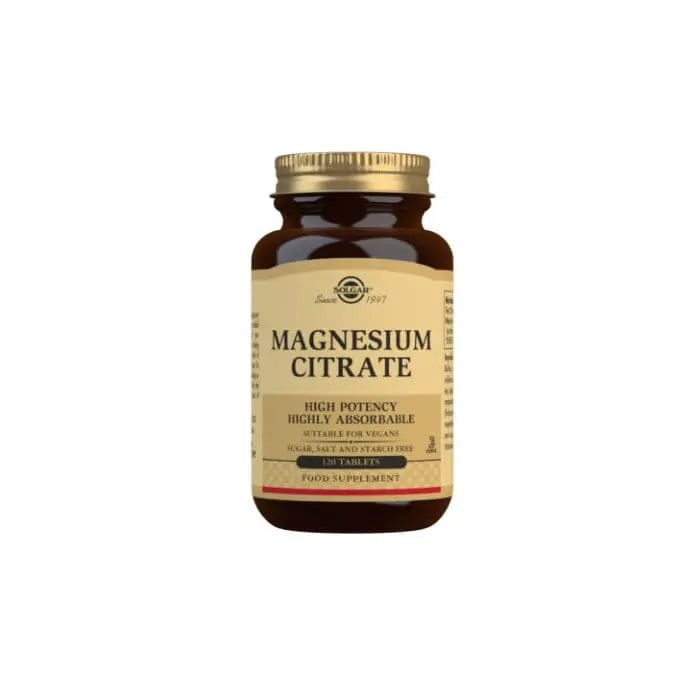 Jar of Solgar Magnesium Citrate 120 tablets from Jag Couture London - New York, showing the supplement bottle with label details.