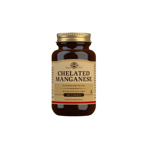 Solgar Manganese Chelated supplement in a bottle of 100 tablets, with the Jag Couture London-New York branding visible.