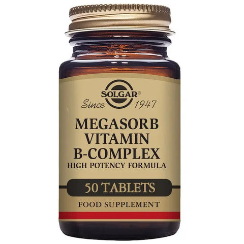 Solgar Megasorb Vitamin B-Complex 50 tablets bottle with label, supplement for energy and metabolism, by Jag Couture London New York.
