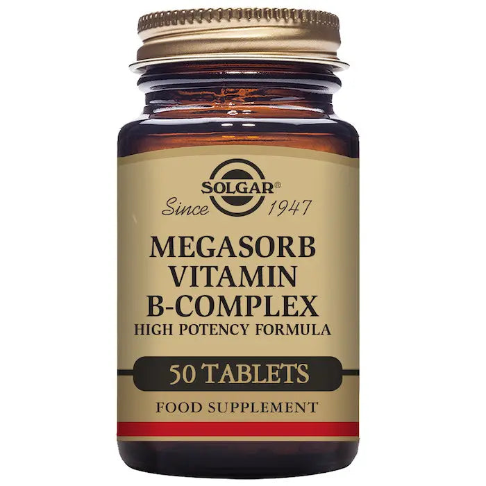 Solgar Megasorb Vitamin B-Complex 50 tablets bottle, dietary supplement with B vitamins for energy and overall health.