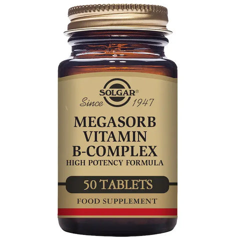 Solgar Megasorb Vitamin B-Complex 50 tablets bottle, dietary supplement with B vitamins for energy and overall health.