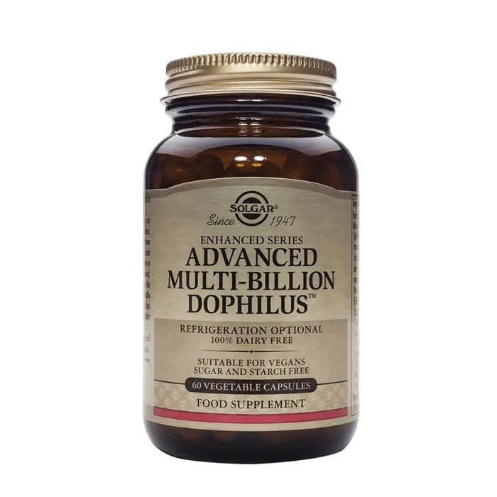 Solgar Multi Billion Dophilus Advanced probiotic capsules in a green bottle, designed for digestive health.