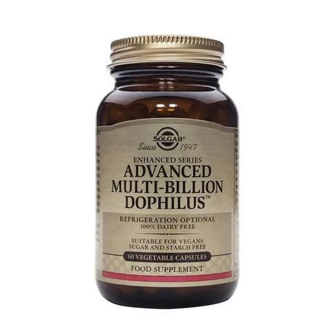 Solgar Multi Billion Dophilus Advanced probiotic capsules in a green bottle, designed for digestive health.