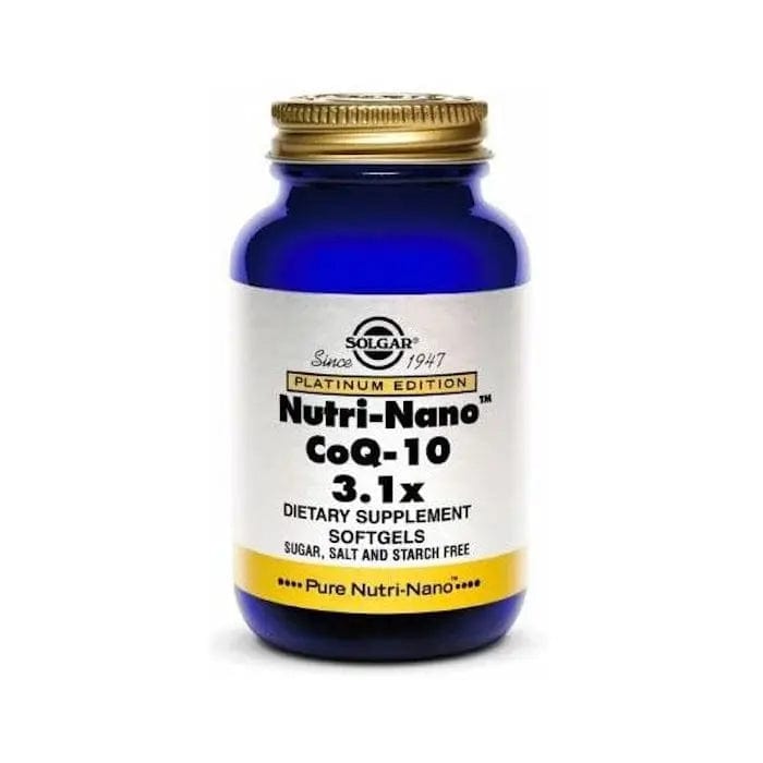Solgar Nutri-Nano Coenzyme Q10 softgels in a bottle, displaying 50 softgel capsules for enhanced antioxidant support.