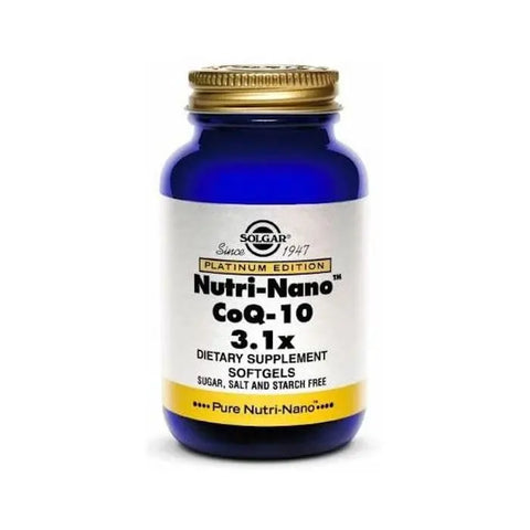 Solgar Nutri-Nano Coenzyme Q10 3.1x softgel bottle with 50 capsules, displayed with the product label and softgel capsules.