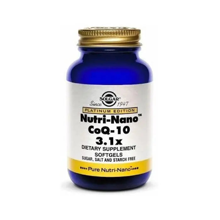 Solgar Nutri-Nano Coenzyme Q10 3.1x softgel bottle with 50 capsules, displayed in a clear container with label.