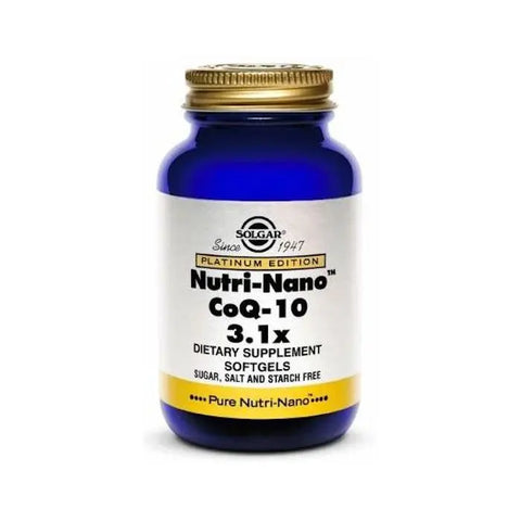 Jag Couture London - New York Solgar Nutri-Nano Coenzyme Q10 3.1x softgel bottle with 50 capsules on the label