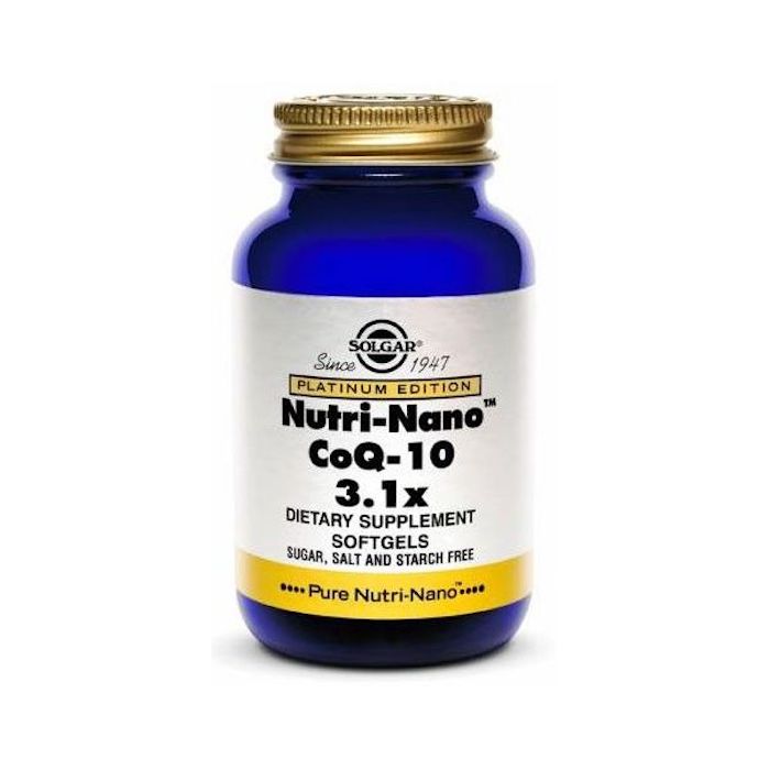 Solgar Nutri-Nano Coenzyme Q10 softgels in a clear bottle, showing 50 softgel capsules, designed for supplement intake.