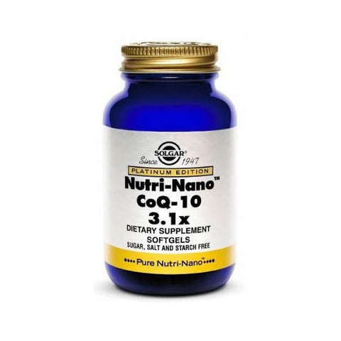 Solgar Nutri-Nano Coenzyme Q10 softgels in a clear bottle, showing 50 softgel capsules, designed for supplement intake.