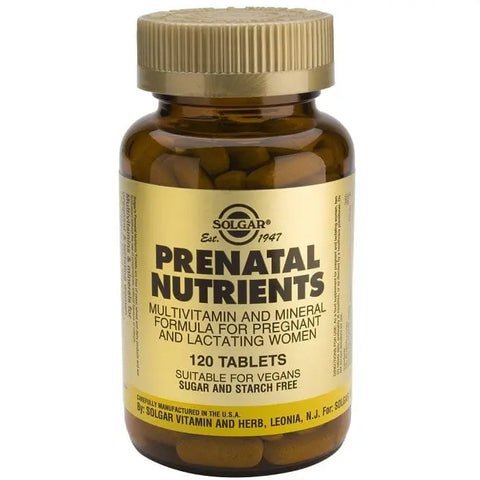 Solgar Prenatal Nutrients 120 tablets, dietary supplement for pregnancy, with vitamins and minerals in a jar.