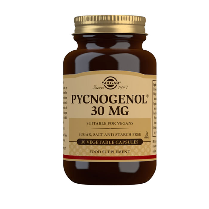 Solgar Pycnogenol 30mg supplement in 30 capsules, natural antioxidant capsules from Jag Couture London New York.