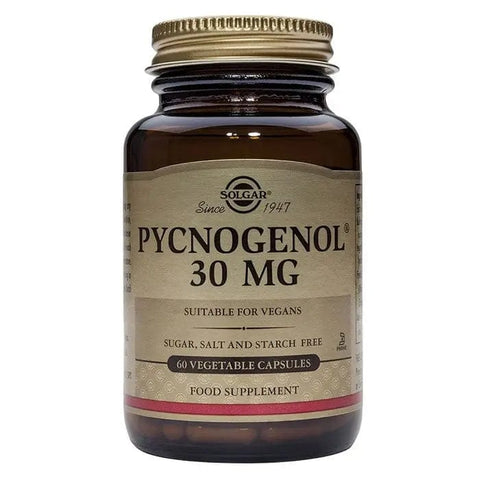 Solgar Pycnogenol 30mg supplement capsules in a bottle, dietary health product by Jag Couture London New York.