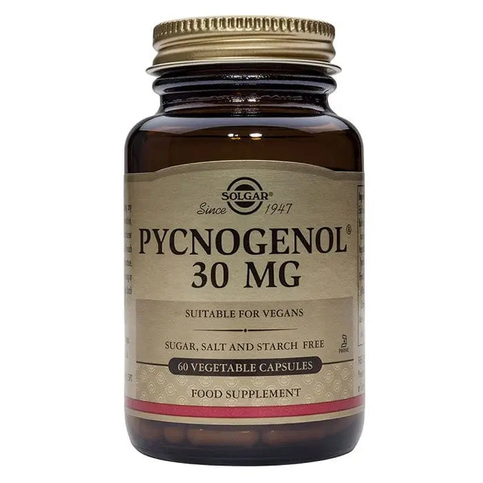 Solgar Pycnogenol 30mg supplement in a bottle of 60 capsules with label, displayed against a plain background.