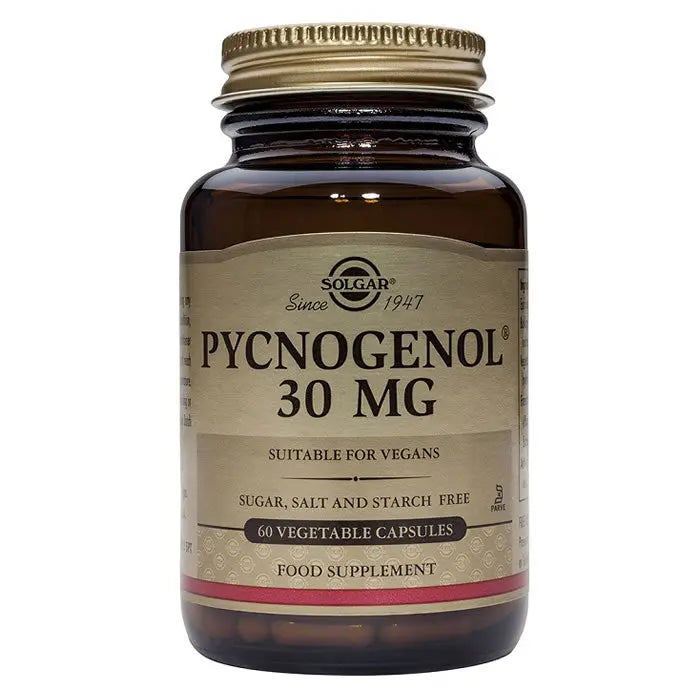 Solgar Pycnogenol 30mg capsules in a bottle, dietary supplement for skin and circulation, by Jag Couture London New York.