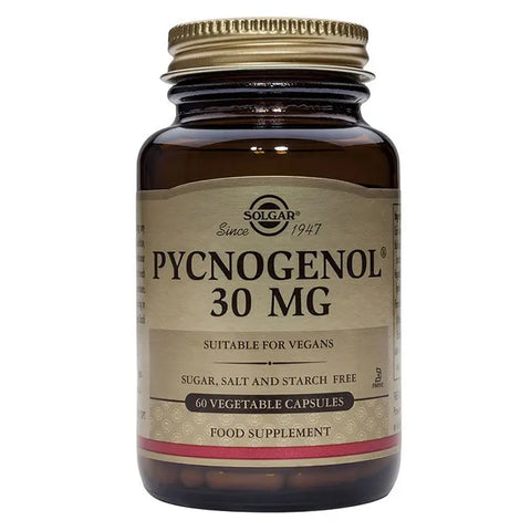 Solgar Pycnogenol 30mg capsules in a bottle, dietary supplement for skin and circulation, by Jag Couture London New York.