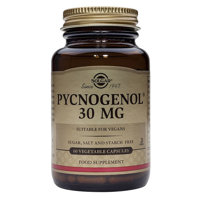 Solgar Pycnogenol 30mg capsules in a bottle, dietary supplement for skin and circulation, displayed on a neutral background.