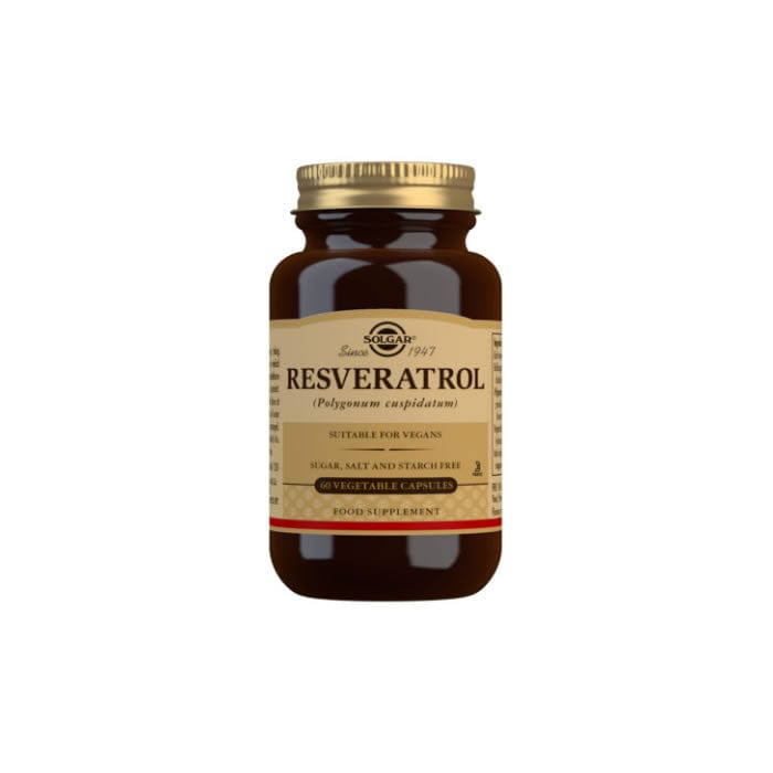 Solgar Resveratrol 100mg supplement in 60 capsules, with a focus on the supplement bottle and packaging details.