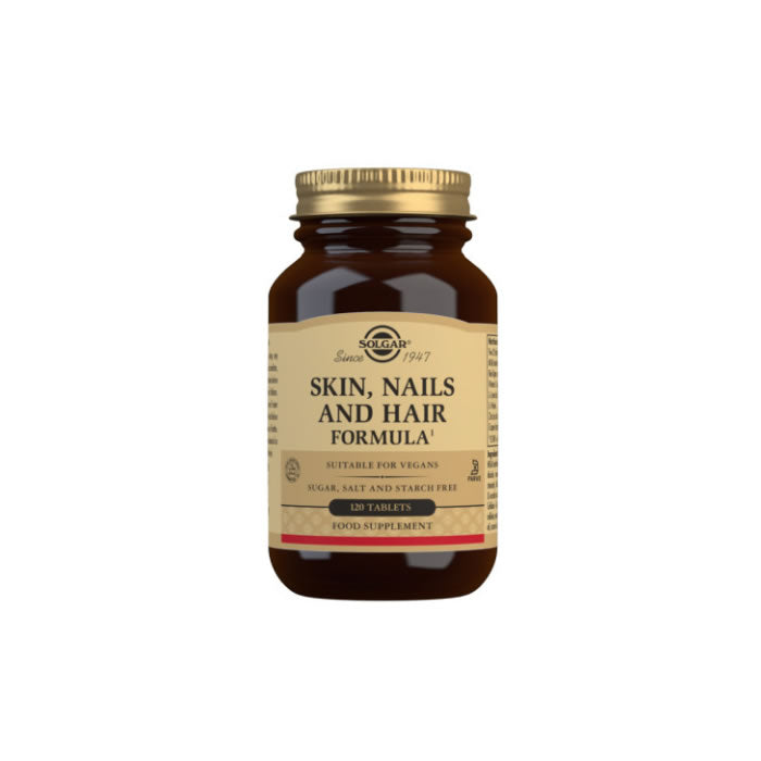 Solgar Skin, Nails and Hair Tablets in a bottle, dietary supplement for healthy hair, nails, and skin, by Jag Couture London New York