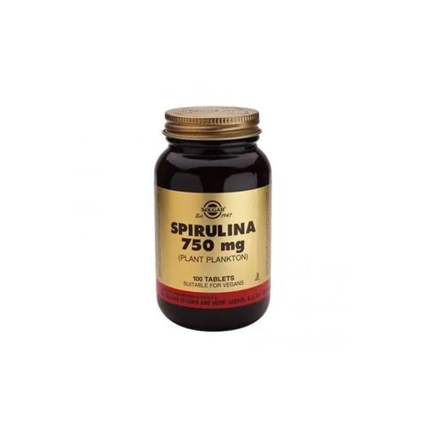 Solgar SLG Spirulina 750mg capsules in a bottle, natural green spirulina supplement by Jag Couture London New York.