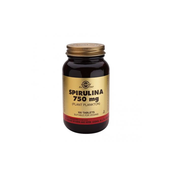 Solgar SLG Spirulina 750mg capsules in a bottle, dietary supplement with green spirulina powder for health and wellness.