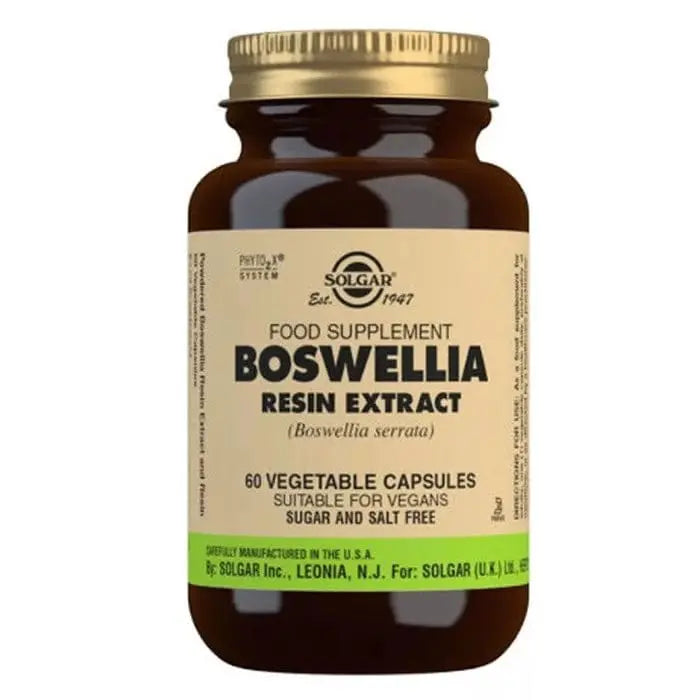 Solgar SPF Boswellia-Resin Extract 60 capsules bottle, featuring label with product name and brand details in a clear image.